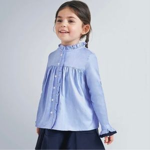 Mayoral 100% cotton pleated blue blouse with ruffle trim size 4 girl